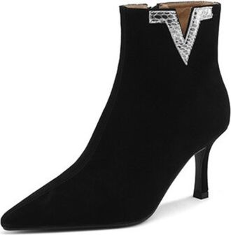 Generic Womens Suede Ankle Boots Pointed Toe Slim Stiletto Heels Side Zipper Metallic Detail Sleek Textured Finish Soft Lining Cushioned Insole Durable Outsol