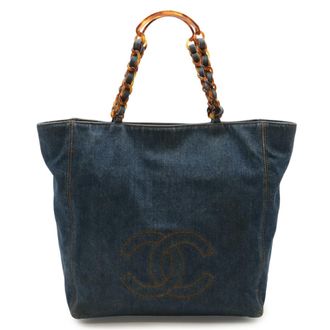 Chanel Blue Brown Denim Plastic Shoulder Bag Tote Bag (Pre-Owned)