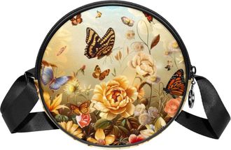 Generic Circle Crossbody Bag for Women, Butterflies Flowers Small Sling Bag Daypack with Zipper Adjustable Shoulder Straps Casual Ladies Girls Round Purse