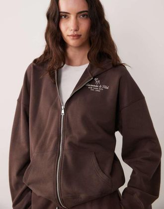 Abercrombie & Fitch felpa con cappuccio coordinata marrone con zip e logo