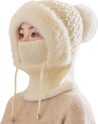 Generic Winter Warm Knitted Cap Neck Warmer Sets Women Knit Balaclava Windproof Skimask Flexible Beanie Hat with Hairball Soft Thick Fleece Lined,Adjustable F