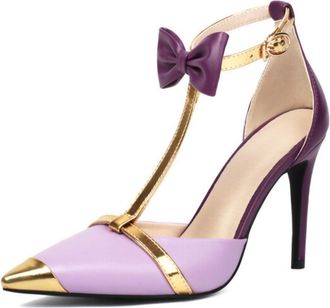Generic Women Pointed Toe High Heels Purple White Gold Trim Bow Ankle Strap Buckle Closure T-Strap Court Shoes Slingback Stiletto Heel Fashion Dress Shoes,Pur