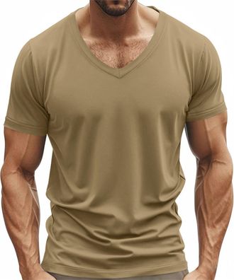 Generic Mens Muscle Fitted T Shirts 2025 Stylish V Neck Longline Comfy Soft Shirt Stretch Short Sleeve Gym Workout Athletic Cotton Tees Tops Khaki