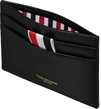 Thom Browne Single Card Holder W/ Goose Half Drop Embroidery In Pebble Grain Leather
