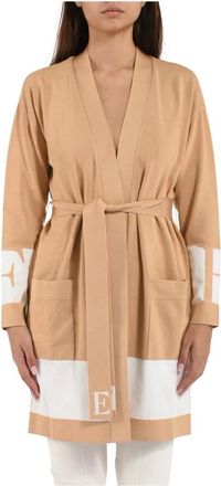 Elisabetta Franchi Truien & Vesten, Dames, Beige, XL, Leer, Cardigan in Viscose met Glanzende Banden