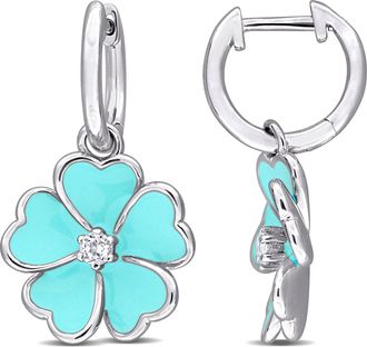 Mimi & Max 1/6ct TGW White Topaz Light Blue Enamel Plated Flower Hoop Earrings Sterling Silver
