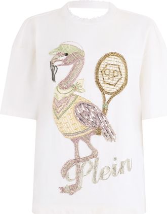 Philipp Plein Open Back Man Fit T-Shirt Flamingo Crystals