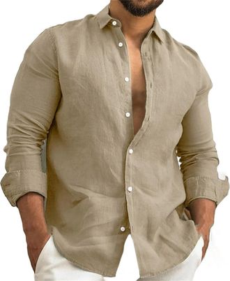 Generic Mens Linen Shirt Beachwear Button Casual Shirt Black White Pink Long Sleeve Solid Color Lapel Spring Men, Vipl908, 3XL