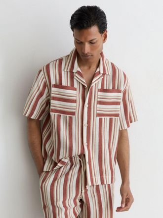 Reiss Red & stone Striped Cuban-collar Shirt, Xxl
