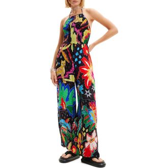 Desigual Jungle Design Halter Neck Jumpsuit in Black at Nordstrom, Size Medium