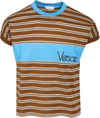 Versace Geborduurd-Logo Gestreept-Intarsia Katoenen T-shirt - Heren - T-shirts - Veelkleurig - L - Katoen - Tops