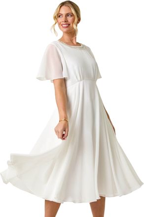 Roman Womens Petite Trim Neck Short Sleeve Dress - Ivory - Size 12 UK