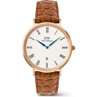 Daniel Wellington Classic Roman Numerals Leather Strap Watch, 40mm in White/Rose/Tan at Nordstrom