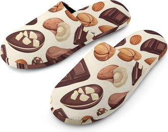 Generic Chocolate And Nuts Flannel Mens Slip-on Slippers Winter Warm House Shoes with Rubber Sole for Home Hotel
