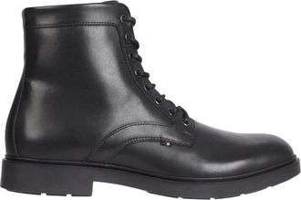 Tommy Hilfiger Elegante Veterlaars met Afgeronde Neus - Heren - Enkellaarsjes - Zwart - 44 EU - Leer - Schoenen