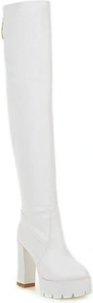 Generic Womens Chunky High Heel Platform Over The Knee Boots Round Toe Long Boots PU Leather Thigh High Boot with Zipper,White,4.5 UK