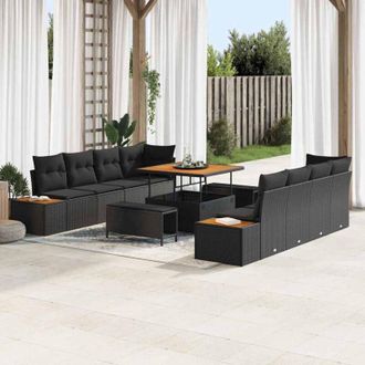 vidaXL Conjunto De Sof&aacute; De Jard&iacute;n Con Coj&iacute;n 11 Pcs Negro Polirat&aacute;n