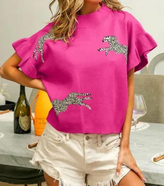 Bibi Leopard Pattern Short Sleeve Sweater Top In Fuchsia