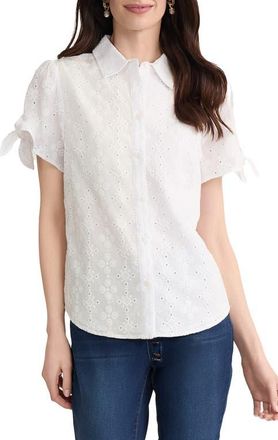 Jones New York Tie Sleeve Eyelet Embroidered Cotton Button-Up Shirt in Natural White at Nordstrom, Size X-Large