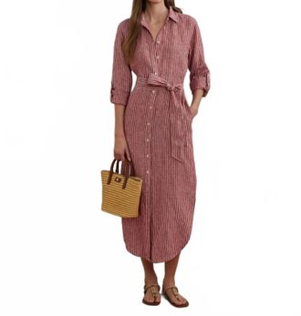 Ralph Lauren Striped Linen Roll-Tab-Sleeve Shirtdress In Red/cream