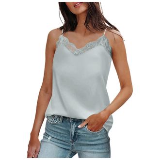 Generic Satin Vest Tops for Women UK V Neck Lace Trim Womens Tank Tops, Womens Loose Sleeveless Tank Top Spaghetti Strap Cami Top Ladies Summer Sexy Cami Wome