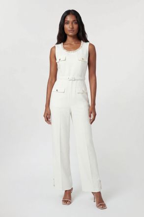 Karen Millen Womens Compact Stretch Embellished Trim Tailored Wide Leg Jumpsuit - White - Size 12 UK
