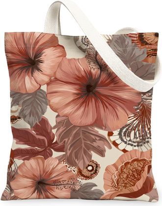 Generic Floral Canvas Tote Bags, Elegant Botanical Print Reusable Shopping Bags, Autumn Vintage Lightweight Washable Shoulder Strap, Brown, 13x15 Inch