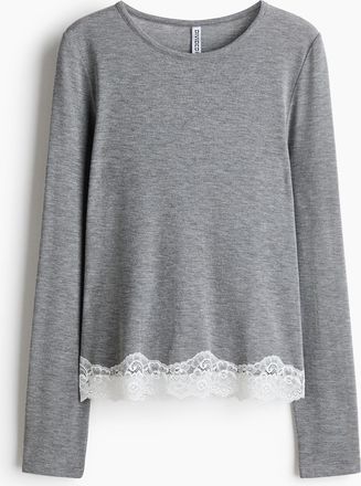 H&M Jerseyshirt mit Spitzenbesatz - Graumeliert