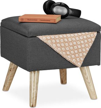 Relaxdays Relaxdays Storage Ottoman, Faux Linen Cover, Padded, Wooden Legs, Lidded Seat, HWD 40x40x40 cm, Grey