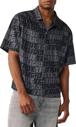 True Religion Logo Mesh Short Sleeve Snap-Up Shirt in Jet Black at Nordstrom, Size Xxx-Large