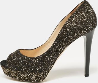 Jimmy Choo London Black Metallic Embossed Suede Dahlia Peep Toe Platform Pumps