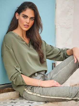 Heine Langarmbluse HEINE, Damen, Gr. 42, gr&uuml;n (khaki), 100% Polyester, unifarben, V-Ausschnitt, Blusen Langarmbluse