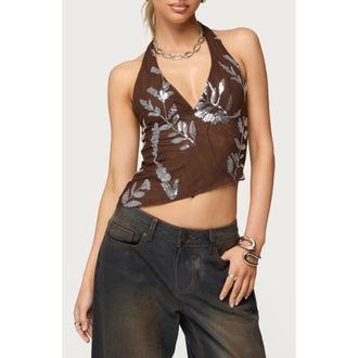Edikted Sequin Floral Asymmetric Mesh Halter Top in Brown at Nordstrom, Size X-Large