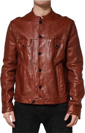 Dolce & Gabbana Button Down Biker Jacket - Heren - Leren en Su&egrave;de Jassen - Bruin - 2XL - Leer - Jassen