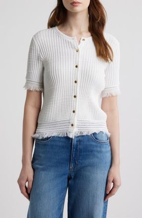 Rag & Bone Ayan Fringe Trim Rib Cardigan in White at Nordstrom, Size Xx-Small