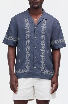 Madewell Easy Embroidered Short Sleeve Linen Blend Button-Up Shirt in Night Indigo at Nordstrom Rack, Size Medium
