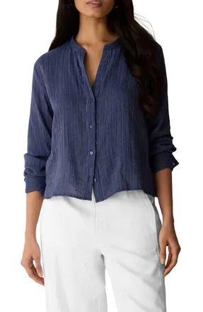 Eileen Fisher Stripe Organic Cotton Button-Up Shirt in Deep Dive at Nordstrom, Size X-Large