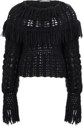 Alberta Ferretti Cropped trui met franjes - Dames - Ronde hals truien - Zwart - S - Wol - Truien & Vesten