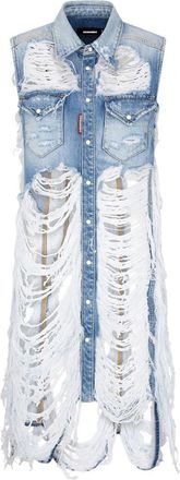 Dsquared2 Blue Distressed Shirt Collar Midi Dress