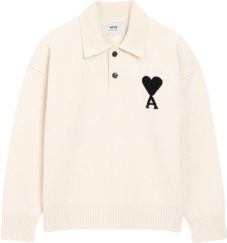 Ami Creamy Off-White Knit Sweater with Classic Polo Collar