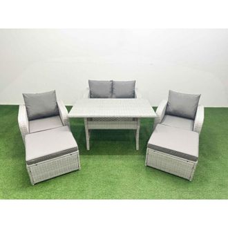 Fimous Light Grey pe Wicker Rattan Garden Furniture Set Sofa Set Reclining Chair Rectangular Dining Table 6 Seater 2 Big Stools 2 Side Table - Fimous