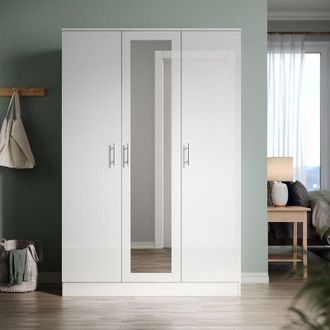Elegant Lighting Modern 3 Door Tall Wardrobe White High Gloss Bedroom Furniture 1200 x 500 x 1800mm with Mirror and Shelves, Metal Handles, Hanging Rail - Elegant