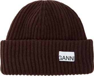 Ganni Logo-appliqu&eacute;d Ribbed Wool-blend Beanie - Brown - One Size