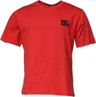 Dolce & Gabbana Mens Red Dg Logo Patch Cotton Crew Neck T-Shirt