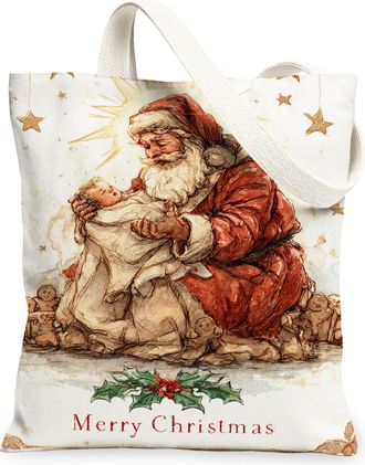 Generic Christmas Vintage Artistic Canvas Tote Bags, Holiday Santa Design Reusable Grocery Bags, Lightweight Washable Shoulder Stra, White, 13x15 Inch