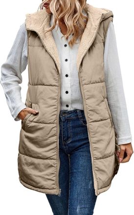 Generic Fleece Gilet for Women - Womens Winter Sleeveless Coats with Hood Full Zip Women Winter Sleeveless Vest Soft Comfortable Chunky Cardigan with Pockets 