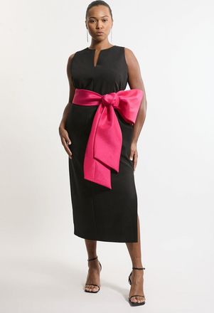 Karen Millen Plus Size Clean Tailored Taffeta Contrast Bow Tie Waist Midi Dress