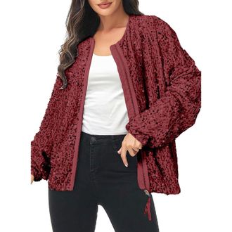 Generic WomenS Sparkly Sequin Jacket Sequin Cardigan For Women - Sparkly Long Sleeve Outerwear Loose Casual Glitter Coat Basic Sequins Bomber Jackets Clubwear