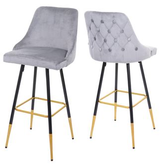 Hhg Hhg - Nunca Usado] Juego De 2 Taburetes De Bar 665, Taburete De Bar Taburete De Barra, Dise&ntilde;o Retro Puntales/pies De Terciopelo Dorado, Gris