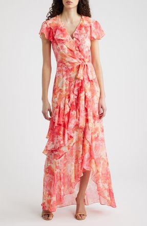 Eliza J Floral Asymmetric Ruffle Maxi Dress in Pink Sorbe at Nordstrom, Size 10